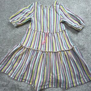 Mini Boden Girls Multi Color Stripe Tiered Cotton Linen Dress 3-4Y Puff Sleeve